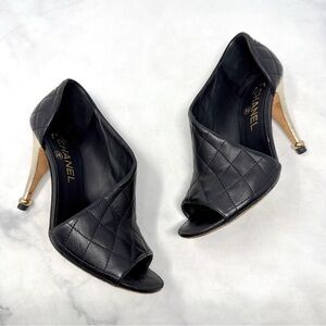 CHANEL Quilted Leather Open Toe D'orsay Side Cut Out Ankle Bootie Heels Black 37